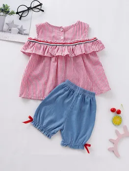 2020 Jaunu Toddler Bērniem, Baby Meiteņu Drēbes, Uzstādīt Vasarā Pie Pleca Loku Svītrainām Kultūraugu Top un Garas Bikses Streetwear Tērpiem 0-ź5 y