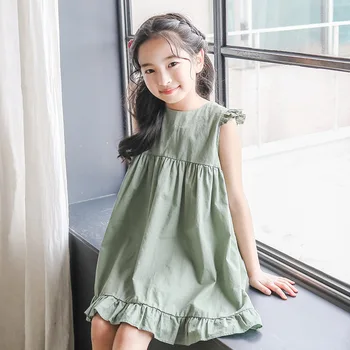 Zaļa kleita vecums 6 - 14 gadu pusaugu meitenes bez piedurknēm šifona savirmot kleita vasaras vienkāršu ķīniešu stilā backless bērniem frocks