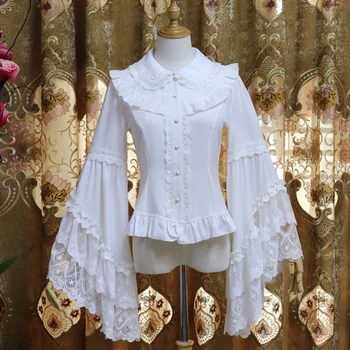 Vintage Lolita garām piedurknēm Krekls Šifona Salaist Mežģīņu Krekls Pavasarī Un Rudenī Sievietes Harajuku Sieviešu Blūze Augšu