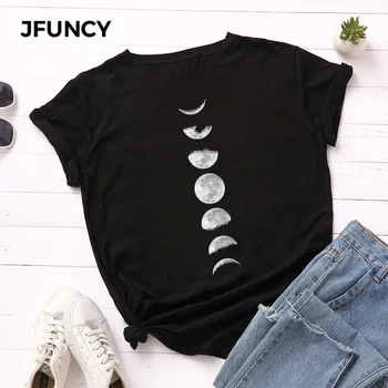 JFUNCY Plus Lieluma T S-5XL Jauns Mēness Druka T Kreklu Sievietes Kokvilnas O Apkakli, Īsām Piedurknēm T-Krekls Topi Vasaras Ikdienas Krekli