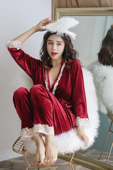 Ziemas Samta Sieviešu Sleepwear ar Pilnas Bikses Pidžamas Mežģīnes Miega Komplekti, Atpūtas Dāmas Sexy Naktskrekls Mājas Apģērbu 3pcs Meitenes Tērps