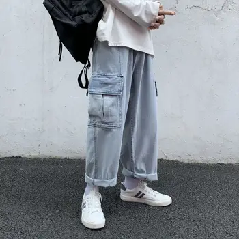 Rudens korejas Taisni Džinsi Vīriešu Modes Retro Multi-kabatas Instrumentu Džinsi Vīriešu Streetwear Zaudēt Hip-hop Džinsa Bikses Vīriešu