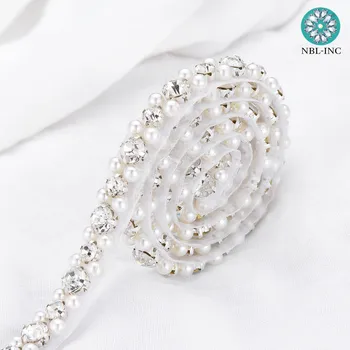 （10 metri）Vairumtirdzniecības sudraba kristāla rhinestone pērle aplikācijas apdare roku fāzēm, dzelzi uz piešūt kāzu kleitu WDD1068