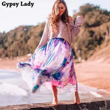 GypsyLady Violets Ziedu Svārki Sieviešu Elastīgs Viduklis Brīvdienu Maxi Svārki Liels Hem Šiks Plus Lieluma Svārki Sieviešu Šiks Faldas
