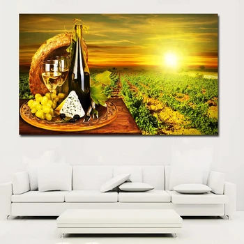 NESAVTĪGI HD Apdrukāta kanvas mākslas vīnogu sarkanvīna stikla Ozolkoka mucās saulrieta glezna uz audekla sienas, attēlus dzīvojamā istaba