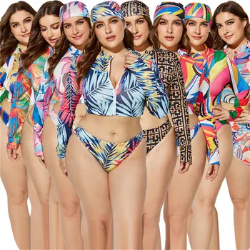 Plus Lieluma Peldkostīmi Sievietēm 3 Gabals Bikini Komplekts 2020. Gada Vasaras garām Piedurknēm ar Rāvējslēdzēju Biquini Mujer Zems Viduklis Drukāt Cilts 2XL 3XL 4XL 5XL