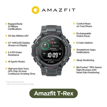 Amazfit t rex Т-rex Smartwatch Huami Sporta Skatīties Izturīgs Ķermeņa GPS/GLONASS AMOLED Ekrāns, Bluetooth Smart Watch Darbības Tracker