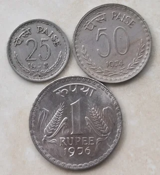 Indija 1974-1976 25-50 Paisa-1 Rūpiju Pilns Komplekts 3 Gabali, Īsto Monētu Nekustamā Oriģinālu Monētu