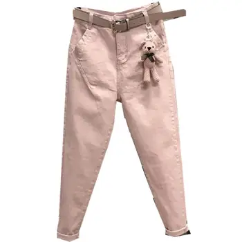 Plus lieluma 26-32! jaunā pavasara kājām gadījuma harēma bikses zaudēt augsto vidukli, rozā sieviešu džinsi