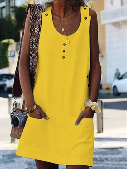 Plus Lieluma Kleita vasaras Sieviešu Modes bez Piedurknēm Sundress Ikdienas Krekls Kleita Ar Kabatām Dienas Pogu Dāmas Beach Party Kleita