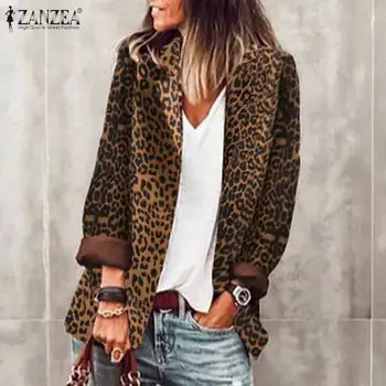 Stilīgu Sieviešu Atloks, Žaketes ZANZEA Leopards Izdrukāt Mēteļi Gadījuma garām Piedurknēm Outwears Sievietes Pogu Mēteļi Plus Lieluma Tunika