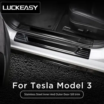 LUCKEASY Auto Piederumi Interjera Pārveidošana, Lai Tesla model 3 nerūsējošā tērauda lnner un ārējo durvju sliekšņa aizsardzības apdares