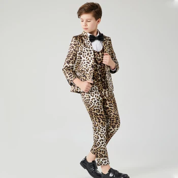 Zēni Formālās Valkāt 3 GAB Kids Kostīmi Kāzu Žakete, Veste Bikses Bērnu Kostīms, Kleita, Bērnu leopards drukāt uzvalks