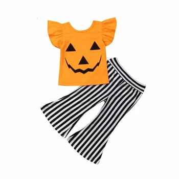 Bērniem ir Meitenes, Halloween Drēbes Komplekti Ķirbju Lāpu T-Krekls+Svītrainas Bikses Bērniem Kritums Apģērbu Kokvilnas Boutique Bērnu, Meiteņu Apģērbs