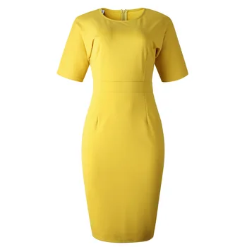 Dzeltena Sieviešu Kleitas Bodycon Slim Elegants Birojs Dāmas Darba Apģērbus Ar Īsām Piedurknēm O Kakla Saspringts Elastīgs Liela Izmēra Āfrikas Modes