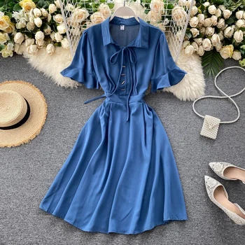 2020. gada Vasaras Modes Sieviešu Kleita Izlīdzināšanu piedurknēm ar Mežģīņu augšu, Turndown apkakles pusgarās Kleita Cietā Augsta vidukļa Gadījuma Elegants Vestidos