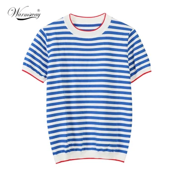 Warmsway Plānas Trikotāžas T Krekls Sieviešu Apģērbu 2021. Gada Vasaras Sieviete Ar Garām Piedurknēm T-Veida Topi, Svītrainām Gadījuma T-Krekls Sieviešu B-019