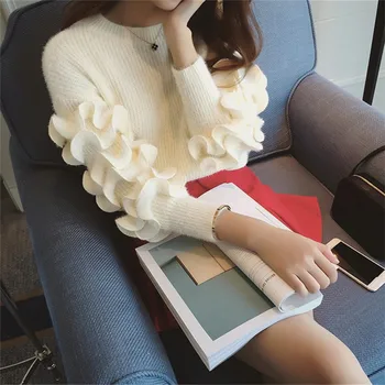 Ziemas Īss Ruffles Sieviešu Džemperi korejiešu Jaunā Modes Džemperi ar garām Piedurknēm O-veida kakla Gadījuma Mīksti Adīts Džemperis 63423