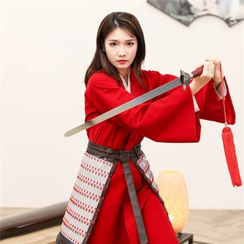 Hua Mulan Cosplay Kostīms Sieviešu Halloween Puse Ķīnas Hanfu Sarkanās Drānās Karavīrs Armijas Kaujas Uniformas Samurai Kimono Kleitas Komplekts