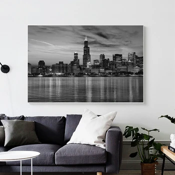 Skyline Čikāgas Audekls Mākslas Izdrukas Nakts Skats Pilsēta Plakāti un Izdrukas Audekls Gleznošanai Guļamistabai Cuadros Dekoru bez rāmīša