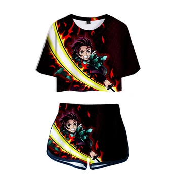 Anime Demon Slayer Kultūraugu Top T krekls Kimetsu Nav Yaiba Šorti Režģu Vasarā 2 Gabali komplekti Sarkans Sieviešu Apģērbs, Sporta tērps