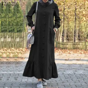 ZANZEA Vintage Musulmaņu Sieviešu Kleita Rudens garām Piedurknēm Dubaija Abaya Turcija Hijab Sundress Cietā Islāma Apģērba Ruffles Vestidos