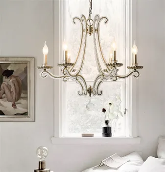 Franču Cast Metāla lustra par dzīvojamo istabu iekštelpu apgaismojums Valsts kaltas dzelzs lampas guļamistaba retro sudraba kristāla lustras
