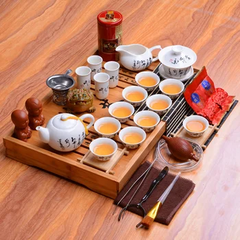 Ķīniešu Tradicionālā Dehua balta porcelāna tējas uzstādīt keramikas kung fu pilns komplekts masīvkoka tējas paplātes, tējas ceremonija