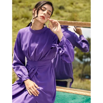 Siskakia Eleganta Violeta Maxi Kleita Sievietēm Dubaija Turcija Musulmaņu Modes Eiropas Amerikāņu Puse Hijab Kleitas Stand Apkakli Rudens
