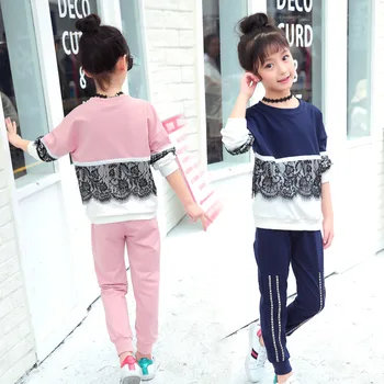 Jaunu Pusaugu Meitenes Clothings Uzstādīt Modes 2018. Gadam Bērni Ziedu Sporta Komplekti Mežģīnes Plāksteris Apģērbi Topi un Bikses Bērniem Tracksuit Rudens