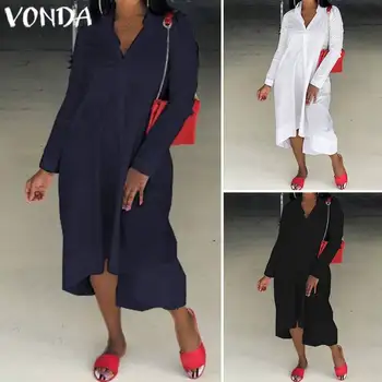 VONDA ir 2021. Rudens Modes Sieviešu Maxi Svārkos Sundress Gadījuma Zaudēt tīrtoņa Krāsu Garš Krekls, Kleita Puse Vestidos Biroja Dāmas Drēbes