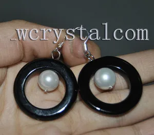 Black Onyx Apli 30mm White Shell Pērle 12mm Auskari lielu sudraba auskaru