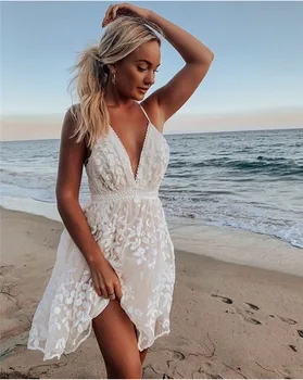 Ir 2021. Sieviešu Vasaras Boho Beach Mežģīņu Mini Kleita bez Piedurknēm, Elegants Backless Ziedu Kakla Sundress Augsta vidukļa Dāmas Kleitas