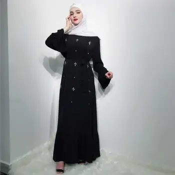 Roku darbs dimanta frēzēšana musulmaņu peignoir Halāti syari Dubaija Modes sieviešu pilna garuma ruffles Abaya Musulmaņu Kleita ar jostu