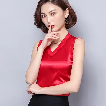 Korejas Modes Zīda Sieviešu Topi Streetwear Satīna Veste bez Piedurknēm Rozā Sieviešu Camis Plus Izmērs XXL Sarkans Krekls