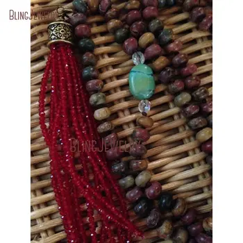 Boho šiks Mezgls Nogulumu Akmens Rondelle pērles Kaklarota ar Sarkanām Pērlītēm Pušķis NM20661