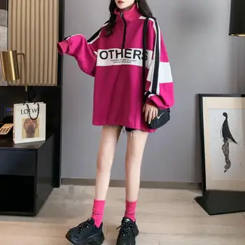 2020. gada Rudenī Jaunā Stila korejiešu Stilā, Stand-up Apkakle Zaudēt Slinks Sieviešu Džemperis Gadījuma Burtu Drukāšanas Vidēja garuma Sieviešu sporta Krekls