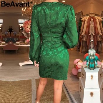 BeAvant Sexy v-neck īss puse kleita Zaļā lente eleganta kleita sievietēm Laternu piedurknēm vienu krūtīm-line mini kleita vasaras