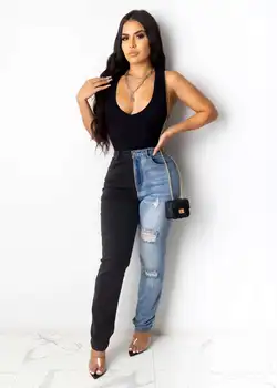 Ir 2021. Karstā Pārdošanas Melna Zila Kontrasta Krāsu Augsta Vidukļa Džinsus Sieviešu Modes Caurumu Stiept Džinsa Zīmuli Bikses Hipster Bikses