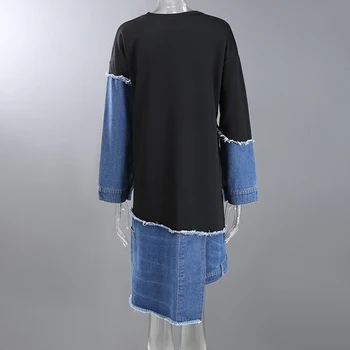 [EAM] Sieviešu Vintage Džinsa Zilā Asimetriska Kleita Jaunu Apaļu Kakla garām Piedurknēm Zaudēt Modes Jūra Pavasara Rudens ir 2021. 1DD4203