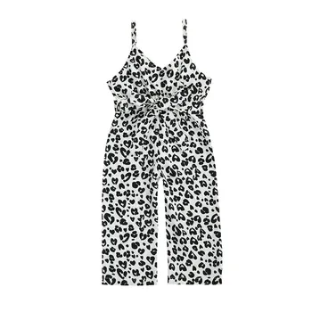 1-6Years Mazulis Meitenes Leopard Ziedu Drukāt Jumpsuit Kombinezonus Vasaras Meitene bez Piedurknēm Mežģīnes Up (Dungriņi) Playsuit Siksna Bērnu Kostīms