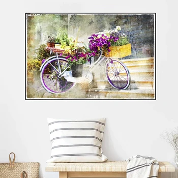 Romantiska kartes glezniecības stilu, puķu velosipēdu mākslas drukāts uz augstas kvalitātes audekla attēlu, viesistaba, mājas apdare