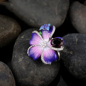 Sudraba komplekti Dāmas Emaljas Amazon Butterfly orchid Ziedlapiņu Violeta, Kaklarota, Auskari Retro Kopa Taizemes Zilo Gredzenu Juvelierizstrādājumi