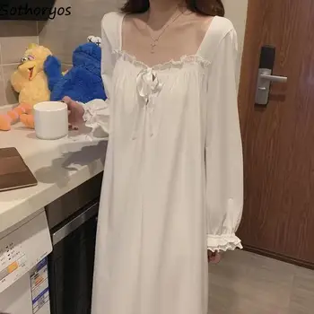Nightgowns Sieviešu Plus Izmērs 4XL Mājas Mežģīnes Savienoti Princese Meitenes Cieto Atpūtas Potītes garuma korejiešu Stilā Salds Šiks Ins Sleepwear