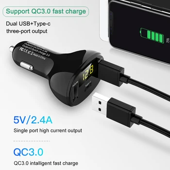 QC3.0 Auto Lādētāju piepīpētāja Smart Dual Usb Ligzdas Tips-C Mobilā Tālruņa Ātrās Uzlādes LED Displejs, Auto Elektriskās Piederumi