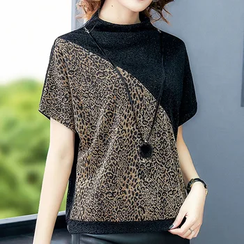 Ir 2021. Dāmas Topi Korejas Modes Apģērbu Leopard O-Veida Kakla Īsām Piedurknēm Krekli, Sieviešu Topi, Blusas Krekli Plus Lieluma Sievietēm 8498 50