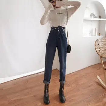 Augsta Vidukļa Modes Kokvilnas Harēma Džinsi Sieviešu 2020. Gada Rudenī Gadījuma Frēzēšana Vintage Džinsa Bikses Slim Sievietēm