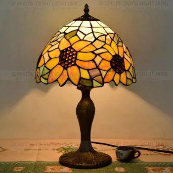 12 Collu saulespuķes Tiffany Galda Lampas Valsts Stila Vitrāžas Lampas Guļamistabas Gultas Lampa E27 110-240V