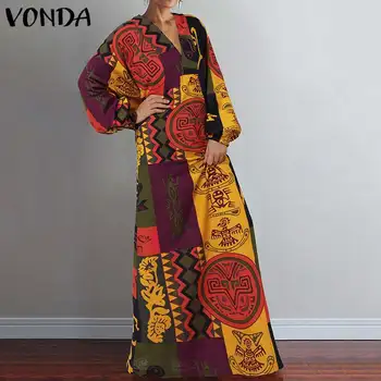 Sieviešu Pavasara Rudens Kleita VONDA ir 2021. Plus Lieluma Vintage Iespiests Kleitas ar V-Kakla Drēbes Femme garām Piedurknēm Vestidos Bohēmijas Sundress