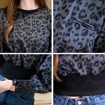 Ir 2021. Modes Vintage Sieviešu Krekli, Blūzes Īss Leopard Šifona Sieviešu Blūze Ikdienas Krekls Ar Garām Piedurknēm Sievietēm Blusas Mujer 11377